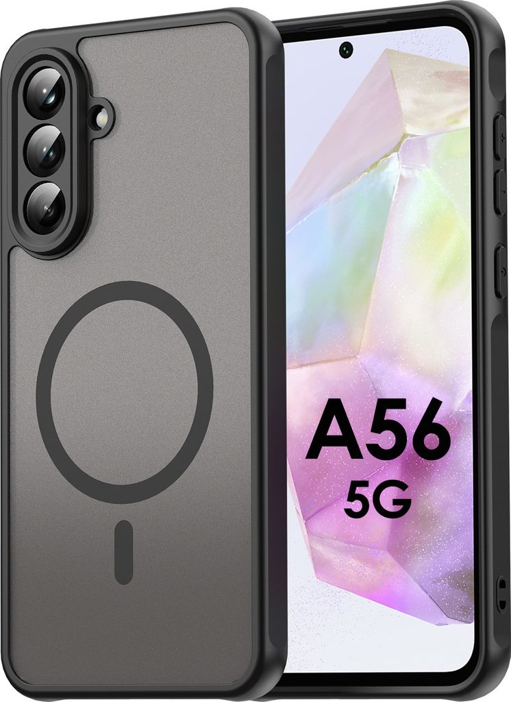 A black phone case with a magnetic ring is shown next to a smartphone displaying "A56 5G".