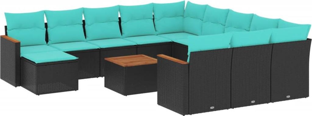 13-teiliges Gartensofa-Set mit Kissen, schwarzes Polyrattan