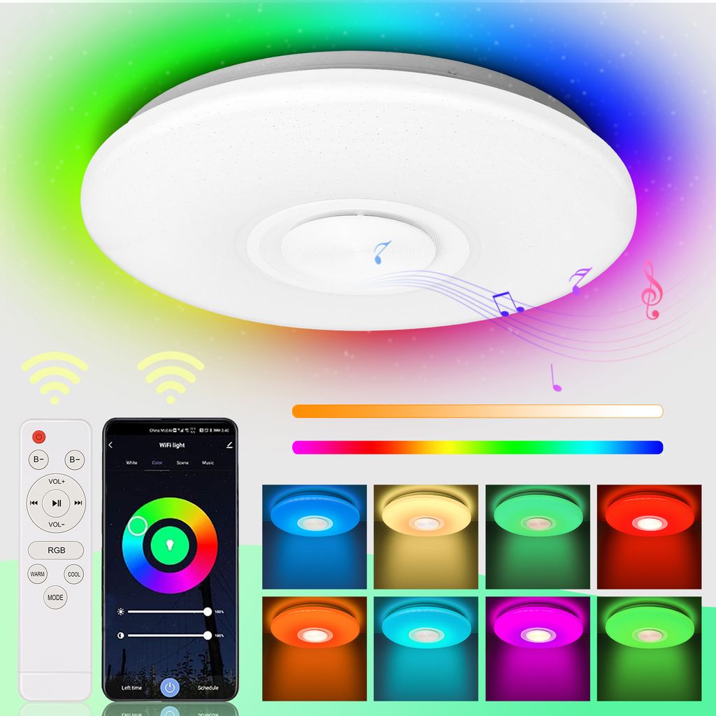 Aopunly Deckenleuchte LED Musik Deckenlampe 2500K-6500K Rund Dimmbar bluetooth Lautspreche mit Fernbedienung für Schlafzimmer Treppenhaus Küche