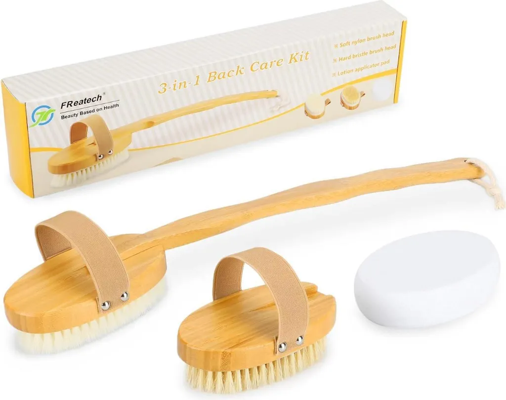 Brosse de douche ergonomique à manche long et têtes de soin amovibles