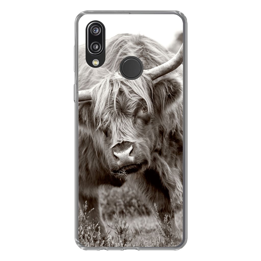 MuchoWow Handyhülle Schutzhülle Hülle für Huawei P20 Lite (2020) Schottischer Highlander - Schwarz - Weiß - Hörner Silikon Softcase Handy H...