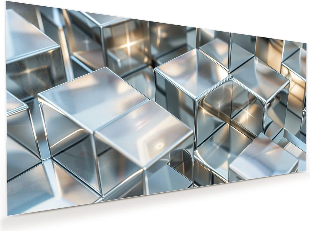 Glasbild 100x50cm in XXL für Wohnzimmer, Schlafzimmer Motiv Metallische Würfel