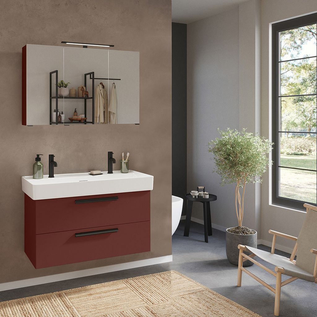 Badmöbel Set 2-teilig Waschtisch für 2 Armaturen und Spiegelschrank in rot - ATELLA-03