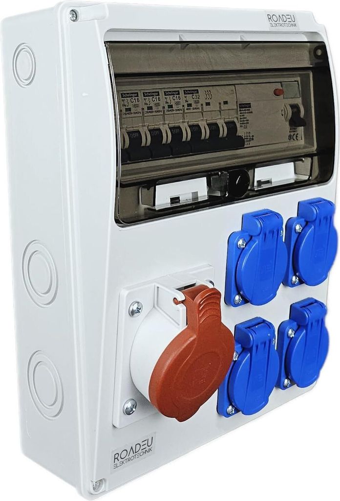 RoadEu Baustromverteiler Wandverteiler. CEE Steckdose 32A mit 4x Schuko 230V. Steckdosenverteiler mit FI Schalter und Leitungsschutzschalter