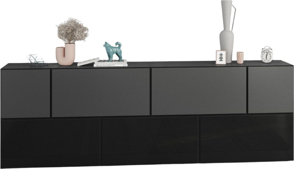 Sideboard VARIANTO 4 Schrank Set 7 tlg., 228 cm, anthrazit matt / anthrazit matt / schwarz Hochglanz M2, Kommode, 5 Schränke mit Klappen, 2 Schrä...