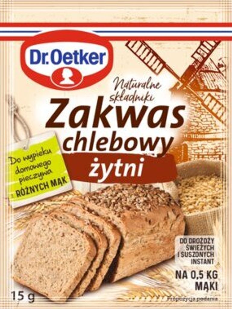 A package of Dr. Oetker rye sourdough starter for home baking, with an image of bread and wheat.