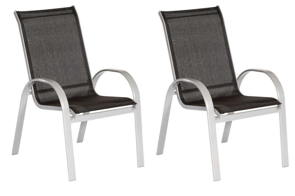 Two black outdoor chairs with silver frames are shown against a white background.