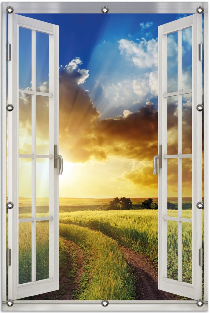 Wallario Outdoor-Poster für Garten oder Balkon 80 x 120 cm: Feldweg in den Sonnenuntergang