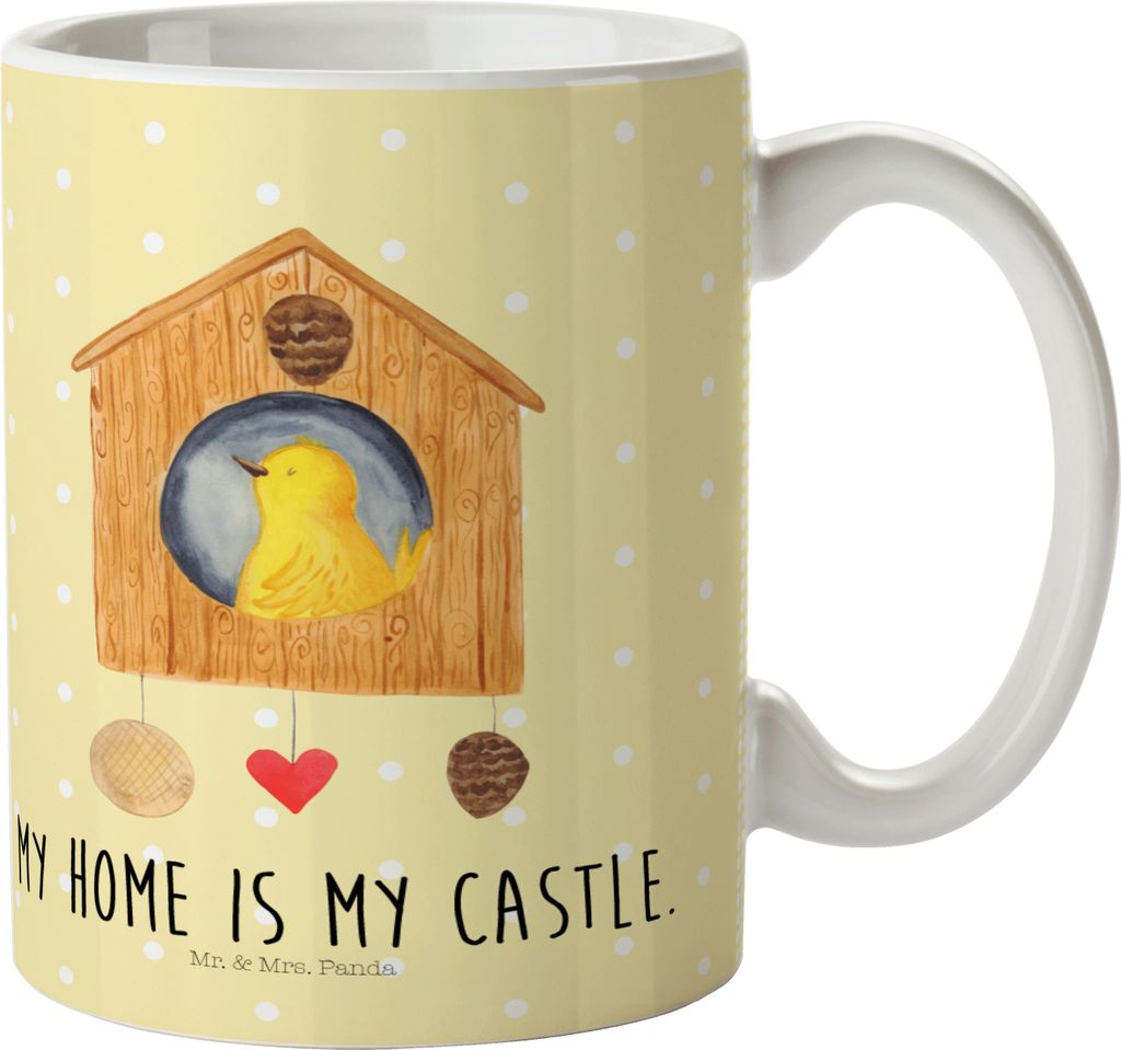 Mr. & Mrs. Panda Pott Vogel Haus - Gelb Pastell - Geschenk, Wohnung, Zuhause, Castle, Trinklernbecher, Lustige Sprüche, Kindertasse, Familie, Kind...