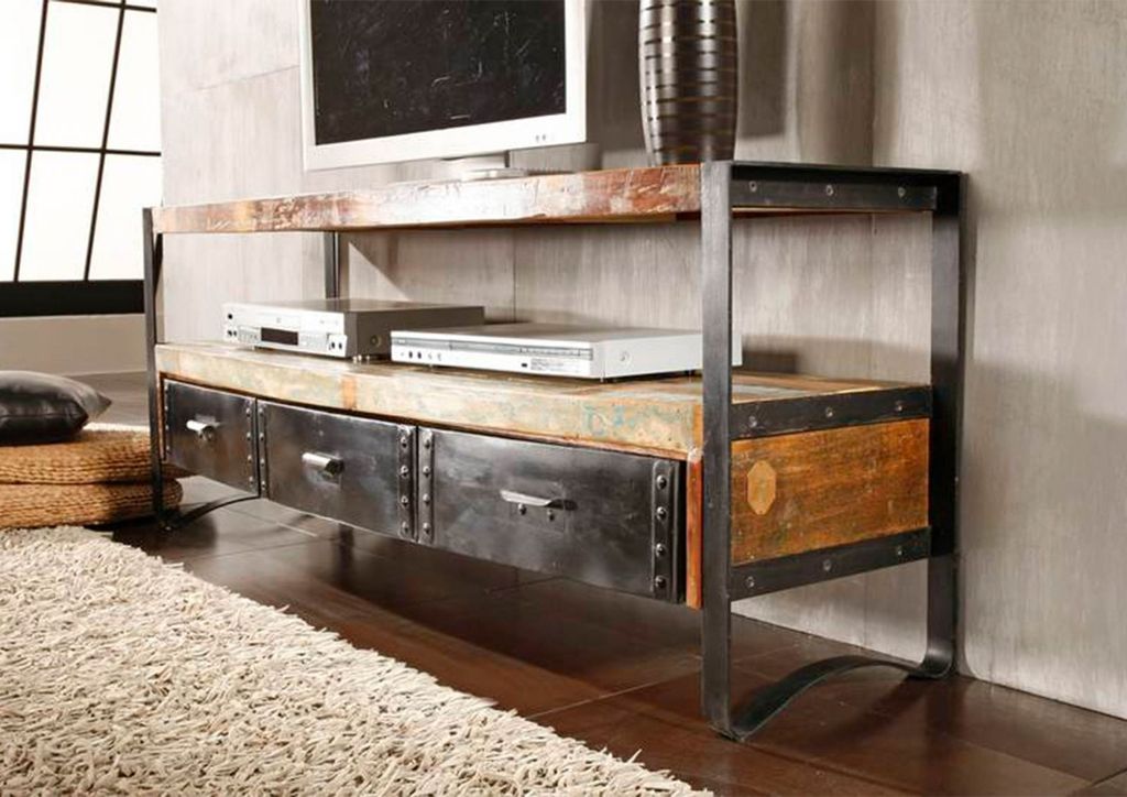 MASSIVMOEBEL24 TV-Board Altholz 145x43x60 mehrfarbig lackiert INDUSTRIAL #05