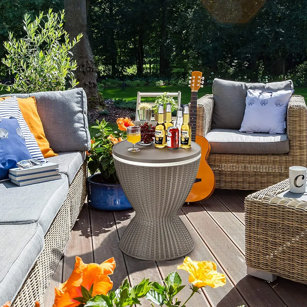 COSTWAY Table de Jardin 3 en 1 Glacière 30L et Tabouret Réglable Noir