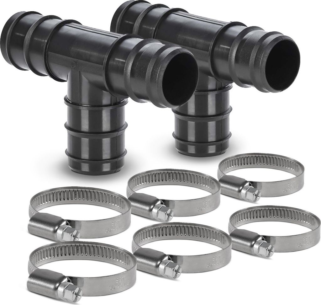 2x Pool Schlauchverbinder T-Stück 38 mm für Schwimmbadschlauch im Set inkl. 6x Edelstahl Schlauchschellen