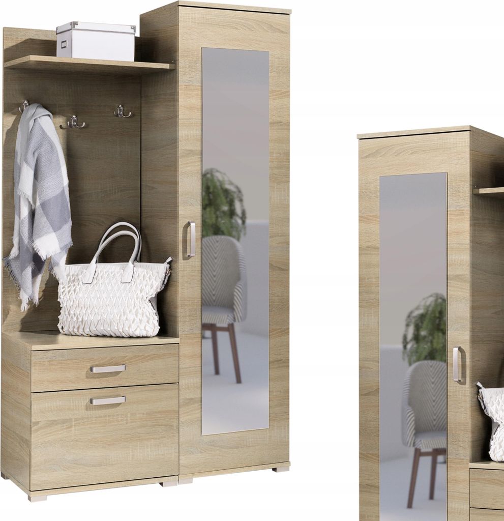 Family Meble Garderobenschrank Gino Kleiderschrank Garderobe mit Schublade und 2 Regale mit Türen Spiegel an der Tür 109x40x187 cm Eiche Sonoma