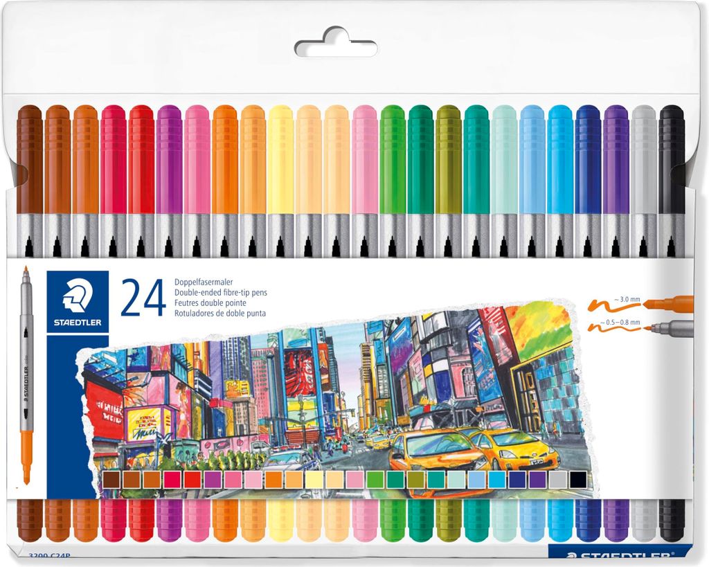 STAEDTLER 3200 Doppelfasermaler, zwei Spitzen für schmale und breite Linien, Etui mit 24 Doppelfasermalern in sortierten Farben, 3200 C24P