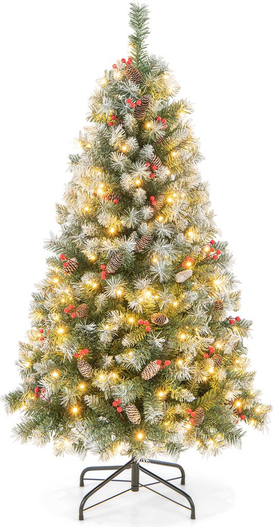 COSTWAY 195 cm Künstlicher Weihnachtsbaum mit Beleuchtung, Schnee, Tannenzapfen und roten Beeren, Tannenbaum mit 8 Beleuchtungsmodi, 420 Warmweiß...