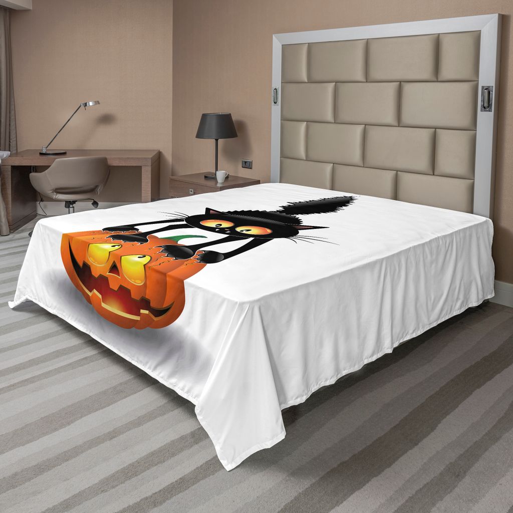 ABAKUHAUS Halloween Bettlaken, Schwarze Katze über Kürbis mit gesicht Süsse Kreative Karikatur Kinderfreundlich, weiches bequemes oberes Bettlak...