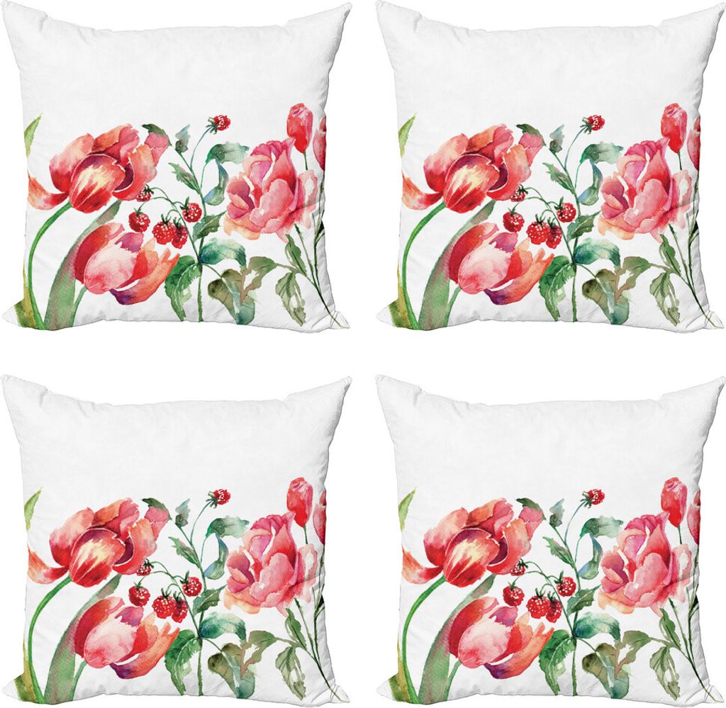 ABAKUHAUS Aquarell Kissenbezug Set (4 Stück), Botanik Berry Flora, Moderner Doppelseitiger Digitaldruck, 45 cm x 45 cm, Rose Red Jade-Grün