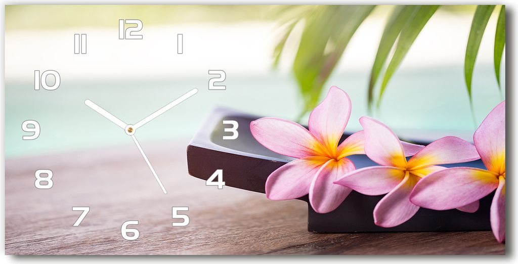 Wanduhr aus Glas – 60x30 cm - Glasbild - Glasuhr - Gehärtetes Glas - weisse-zeiger - Plumeria