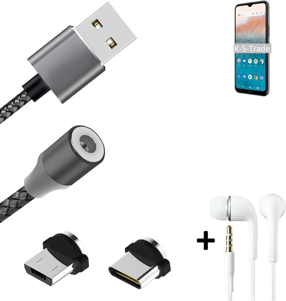 K-S-Trade Hochwertiges Magnet-Lade-kabel Sync-Kabel Daten-Kabel + Kopfhörer für Nokia C21 Plus 4GB mit USB-Typ-C-Anschluss und Micro-USB-Anschluss