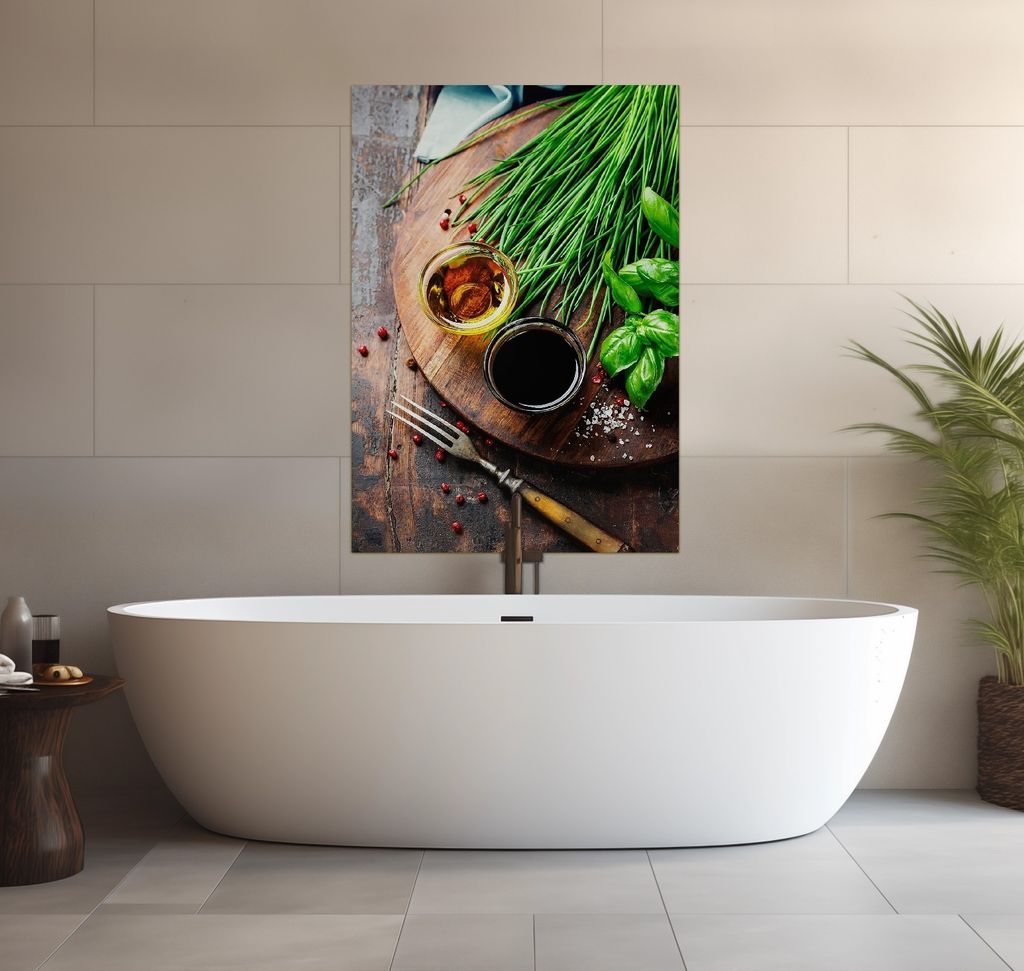 Wallario wasserfestes Poster selbstklebend 70 x 100 cm, Kräuter, Öle und Gewürze auf einem Holzbrett, Badezimmerposter Spritzschutz mit Hochglan...