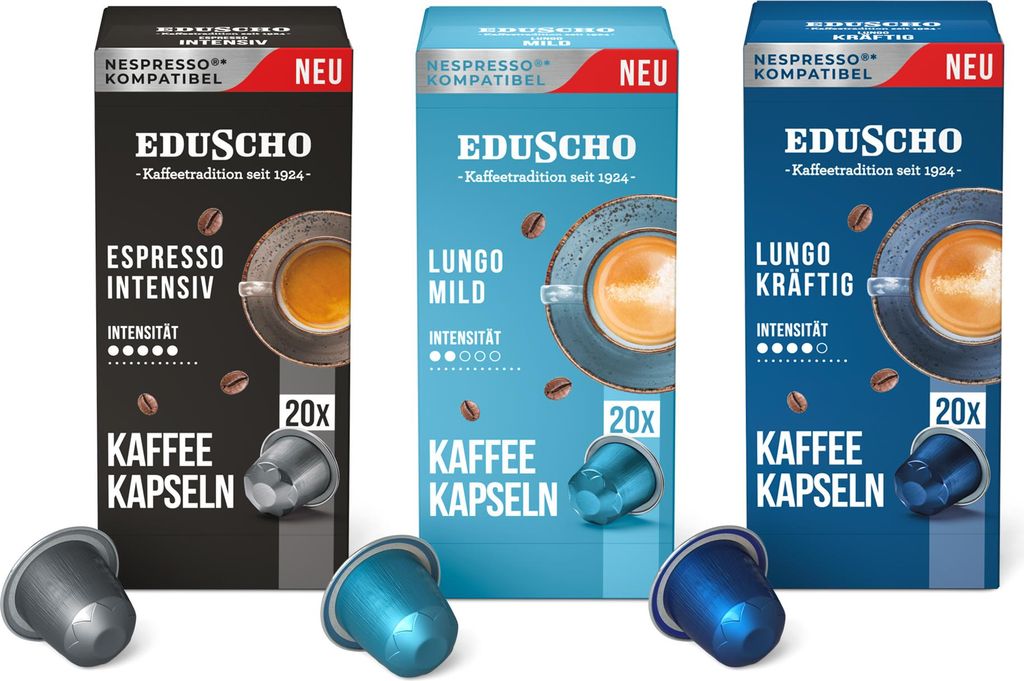Tchibo Eduscho Probierset mit drei Sorten, Lungo Kräftig, Espresso Intensiv, Lungo Mild, 60 Stück (3 x 20 Kaffeekapseln), kompatibel mit Nespress...