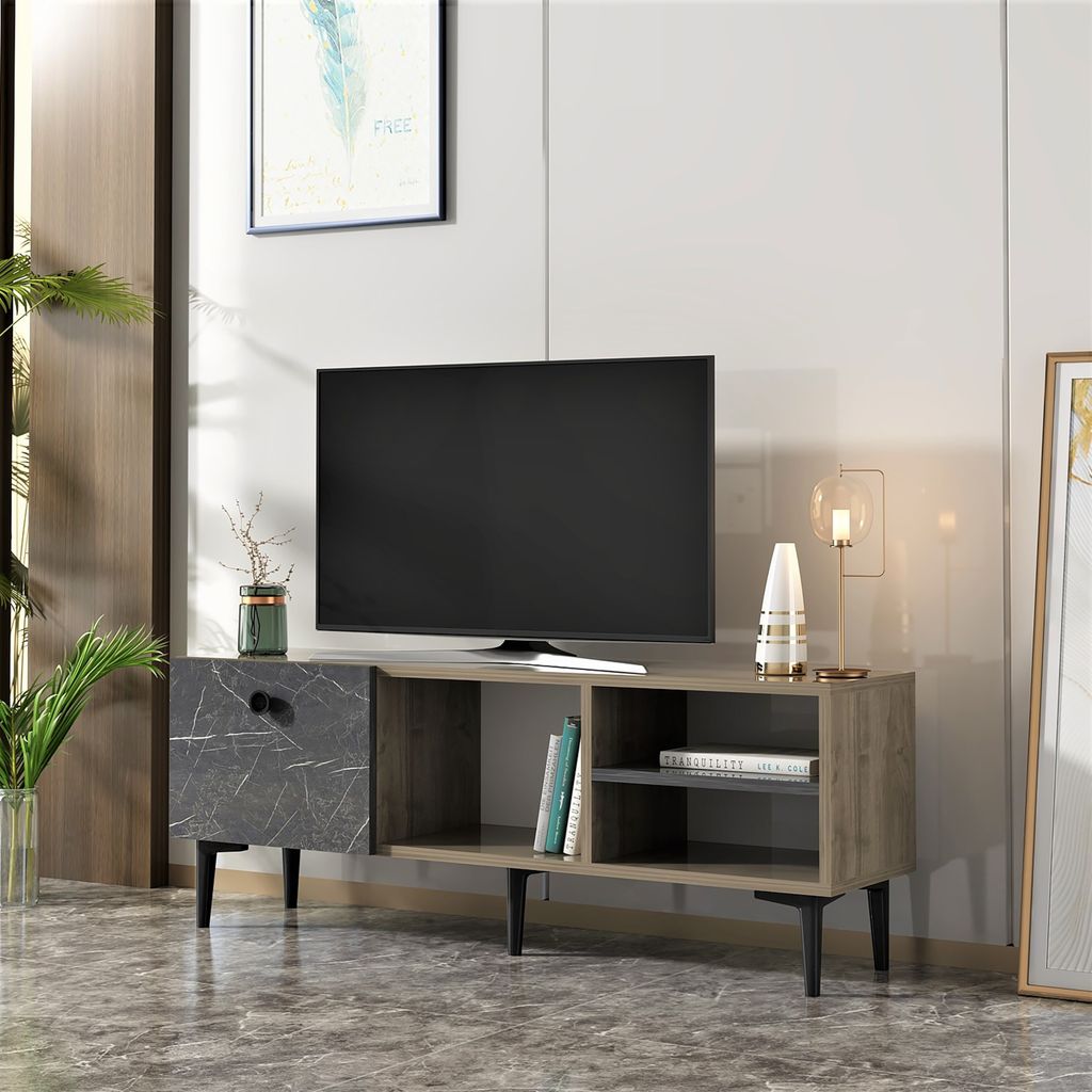 TV Board Nannestad Lowboard 45 x 120 x 30 cm Fernsehtisch TV-Schrank Walnuss / Marmor schwarz