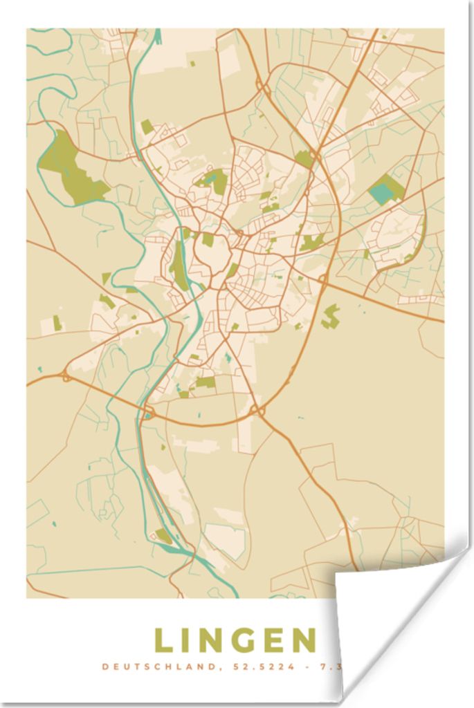 MuchoWow Poster Lingen - Stadtplan - Karte 60x90 cm - Wanddekoration