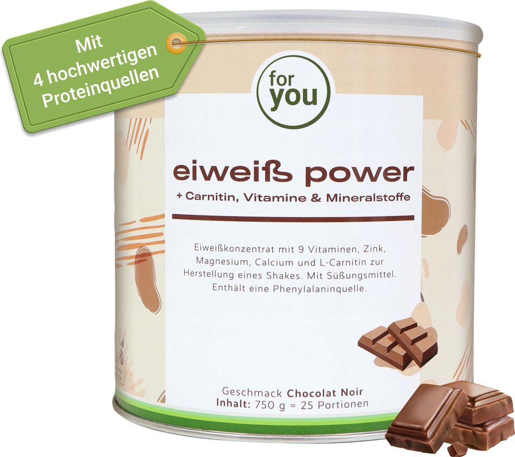 A product container for protein powder with chocolate flavor.