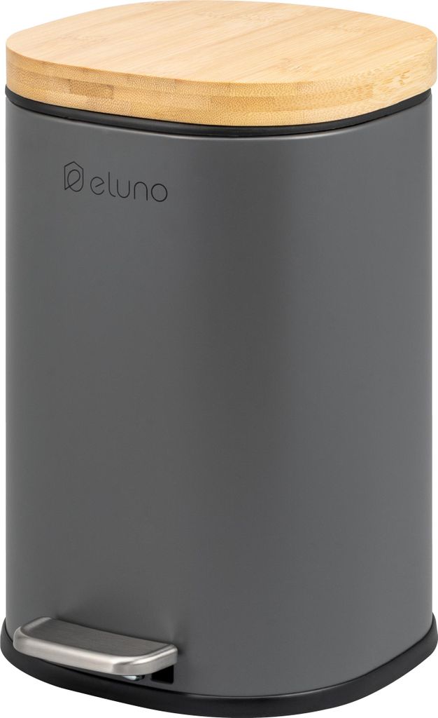 eluno Kosmetikeimer FRAMURA, Treteimer 5 Liter Fassungsvermögen aus grauem Metall und Bambus
