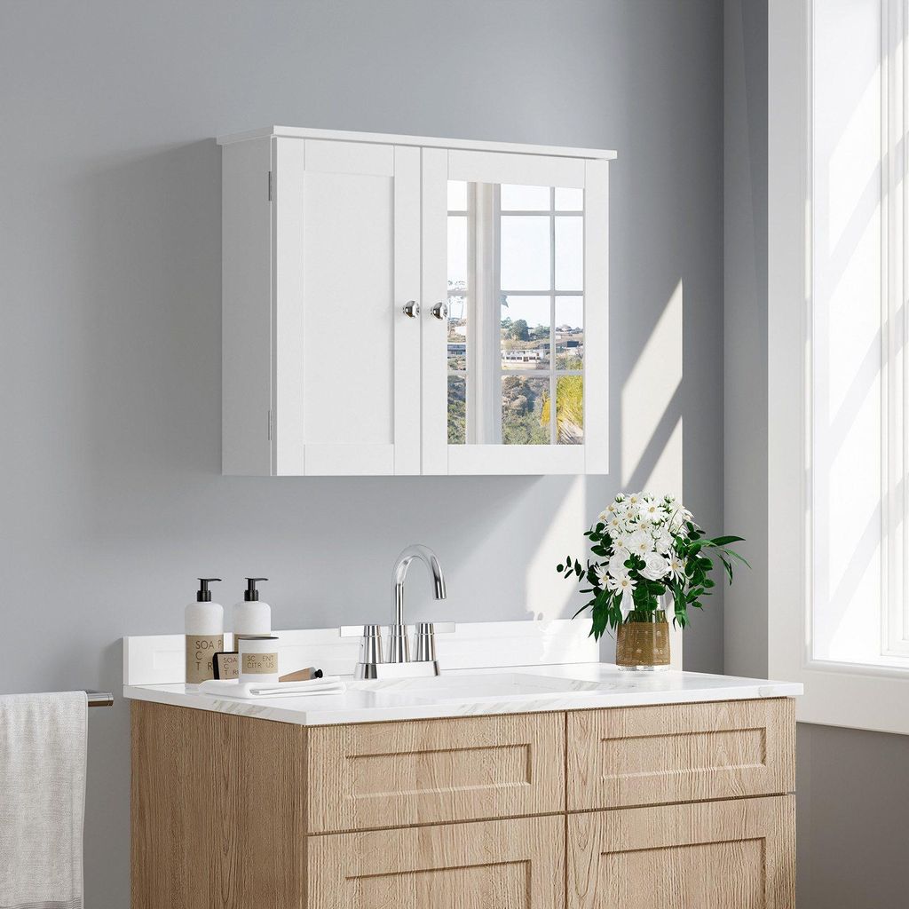 Wandschrank mit Spiegel Weiss MDF Lackiert Haengeschrank Modern Badezimmer Flur Stauraum 60x16.59x49 cm