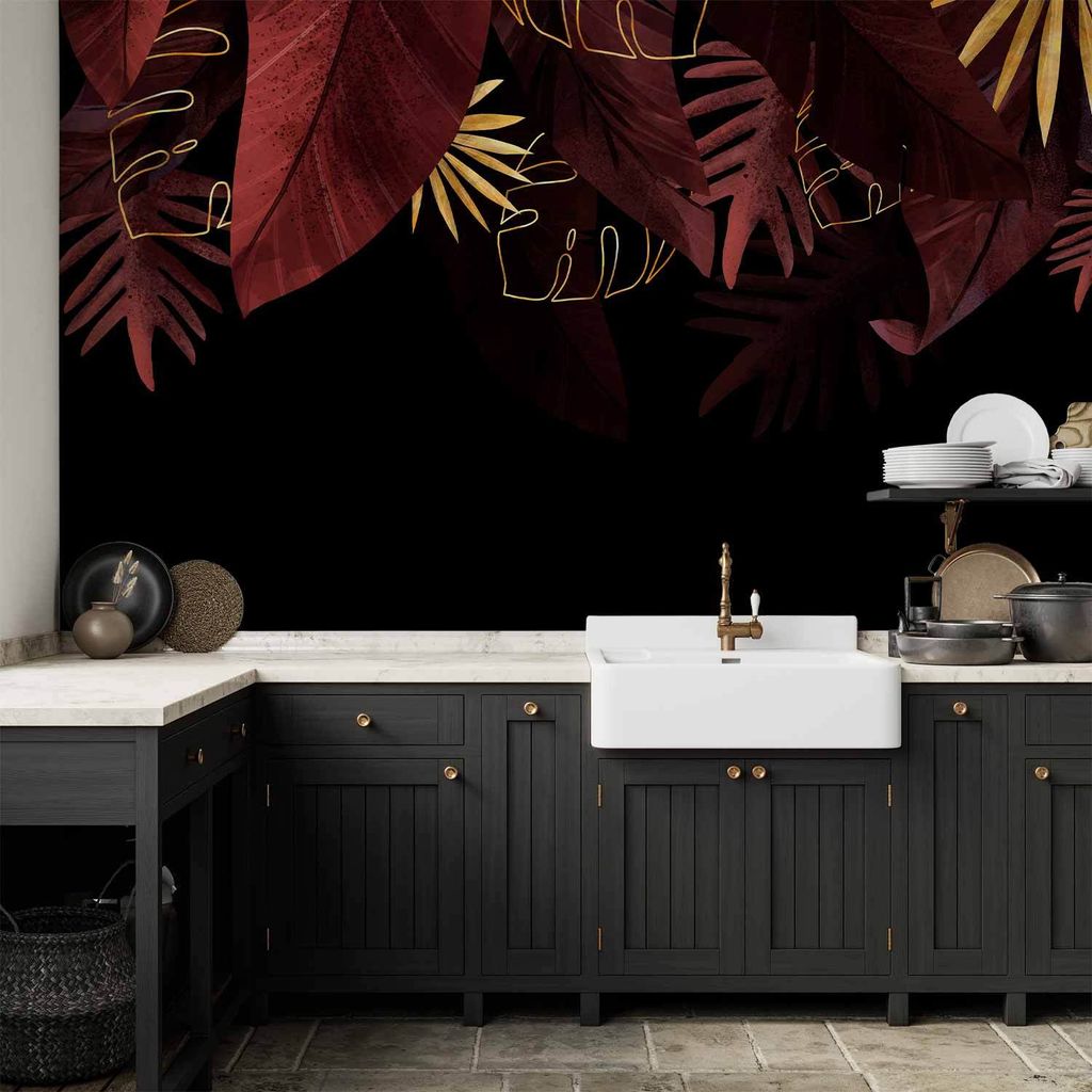 Vlies Fototapete - Jungle and composition - red and gold leaf motif on black background 250x175 cm Blätter b-A-10169-a-c