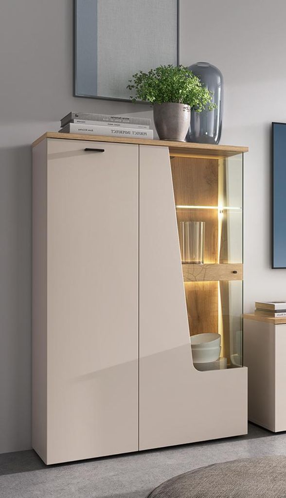 Wohnzimmer Highboard mit 95 cm Breite in Kaschmir und Eiche, 2 Türen mit Vitrinenfach rechts - CARMONA-129