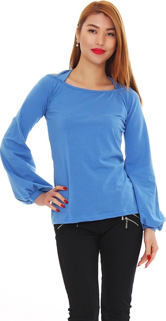 Amel Damen Oberteil Longshirt Langarm Shirt Top Tunika mit Schulter Cut Outs Ausschnitt, Hellblau L
