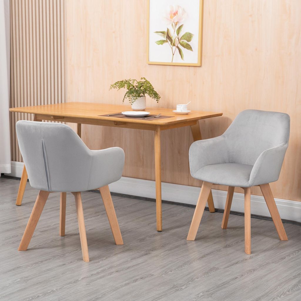 Esszimmerstühle 2er-Set grau edle Samtoptik Polsterstühle mit Arm- & Rückenlehne Küchenstühle massive Holzbeine Polstersessel bis 120kg Lounge...