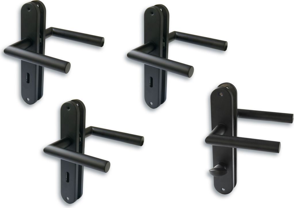 Langschildgarnitur im 4er Set für 3 Zimmertüren mit Buntbartlochung und 1 Bad-WC-Tür