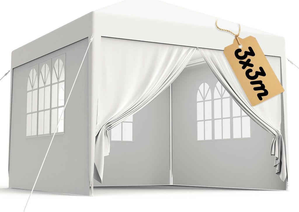 A white party tent or gazebo with arched windows and draped curtains.