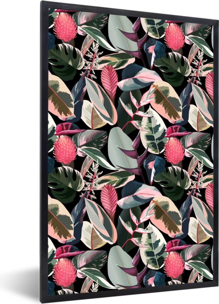 MuchoWow Gerahmtes Poster Tropisch - Rosa - Blätter 40x60 cm - Poster mit Schwarzem Bilderrahmen Wandposter Rahmen Foto Bilder - Papierdruck - W...