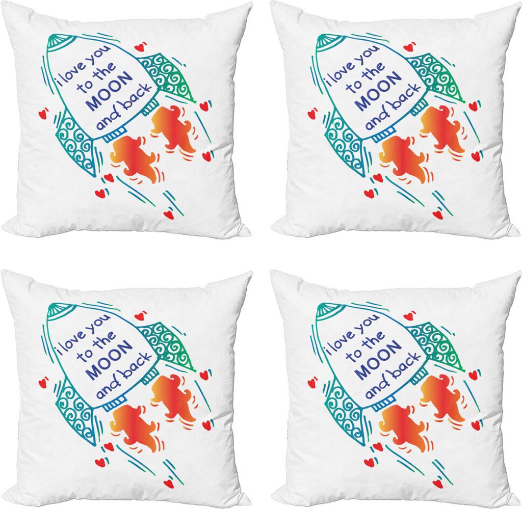 ABAKUHAUS Ich liebe dich Kissenbezug Set (4 Stück), Rakete im Weltraum, Moderner Doppelseitiger Digitaldruck, 50 cm x 50 cm, Orange Türkis