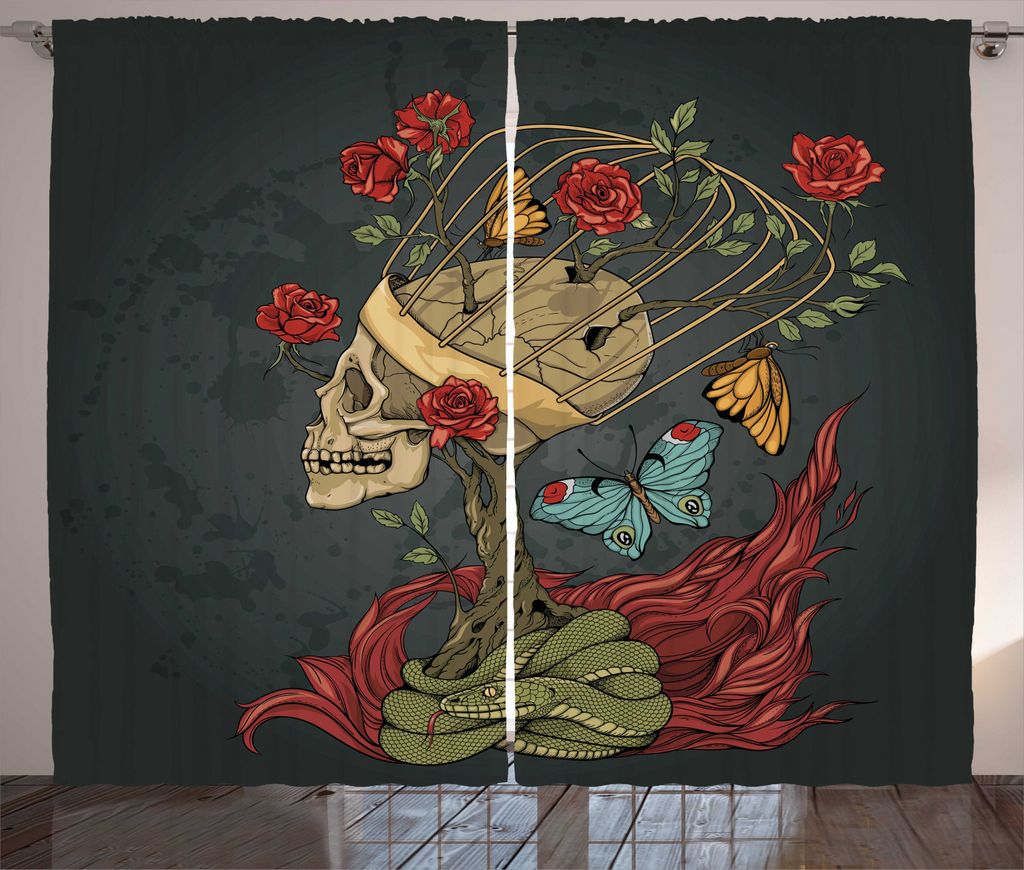 ABAKUHAUS Schädel Rustikaler Gardine, Das Böse mexikanischer Zucker, Schlafzimmer Kräuselband Vorhang mit Schlaufen und Haken, 280 x 245 cm, Dun...