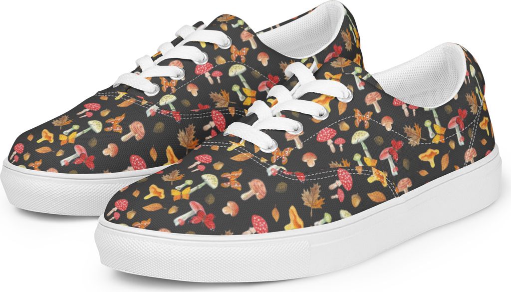 Mr. & Mrs. Panda Damenschuhe Pilze Schmetterlinge Größe 42 1/2 - Grau - Geschenk, Turnschuhe Damen, Sportschuhe, Schnürschuhe, Pilz Muster, Stof...