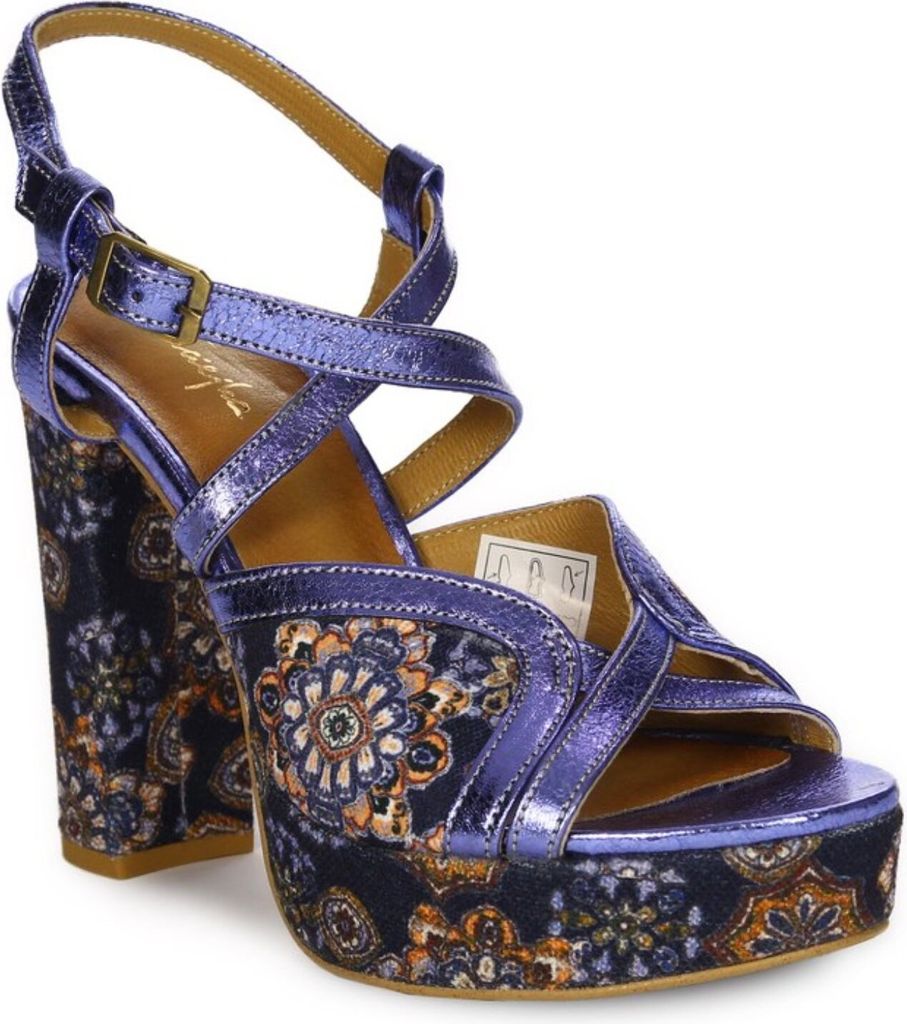 Damensandalen Marineblau mit Blumenmuster aus Naturleder Produktbild 
