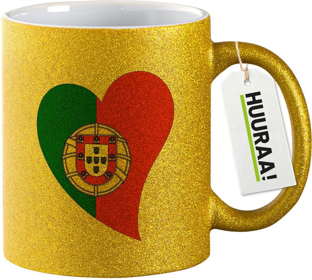Huuraa Glitzertasse Portugal Flagge Herz 330ml Gold Keramik Kaffeebecher Geschenkidee