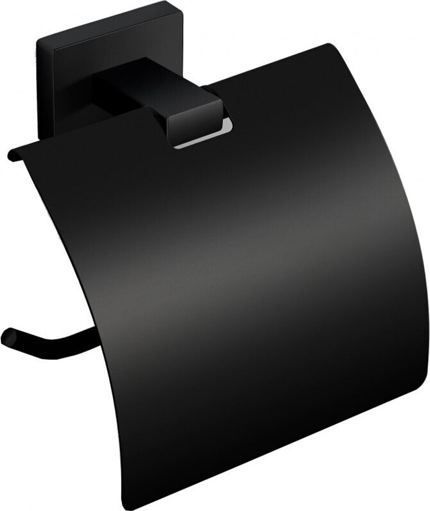 A black toilet paper holder with a cover, mounted on a wall.