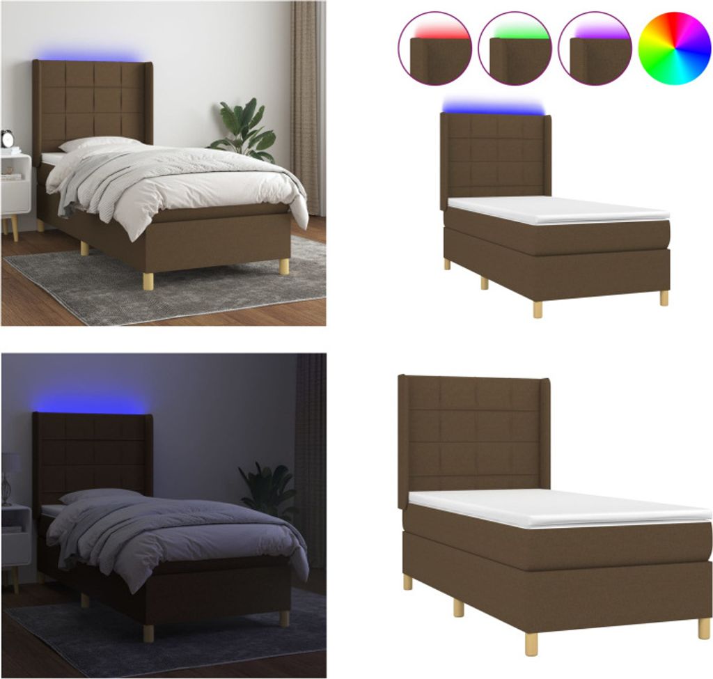 vidaXL Boxspringbett mit Matratze & LED Dunkelbraun 90x200 cm Stoff - Boxspringbett - Boxspringbetten - Bett - Schlafzimmermöbel