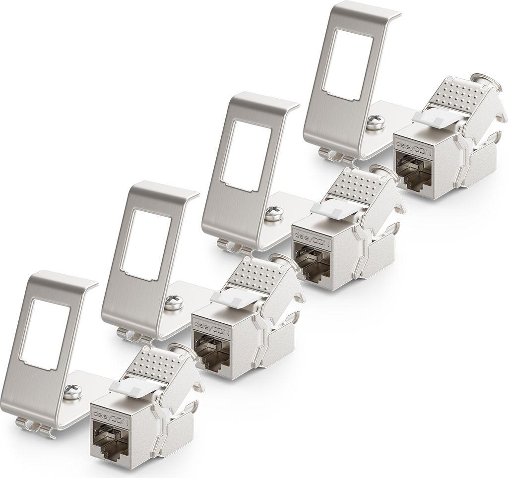 deleyCON 4x CAT6a Keystone Jack Modul mit 4x 1-Port Hutschienenadapter als Set Metall STP Schirmung RJ45 Buchse 10 Gbit/s Netzwerk Snap-In Montage ...