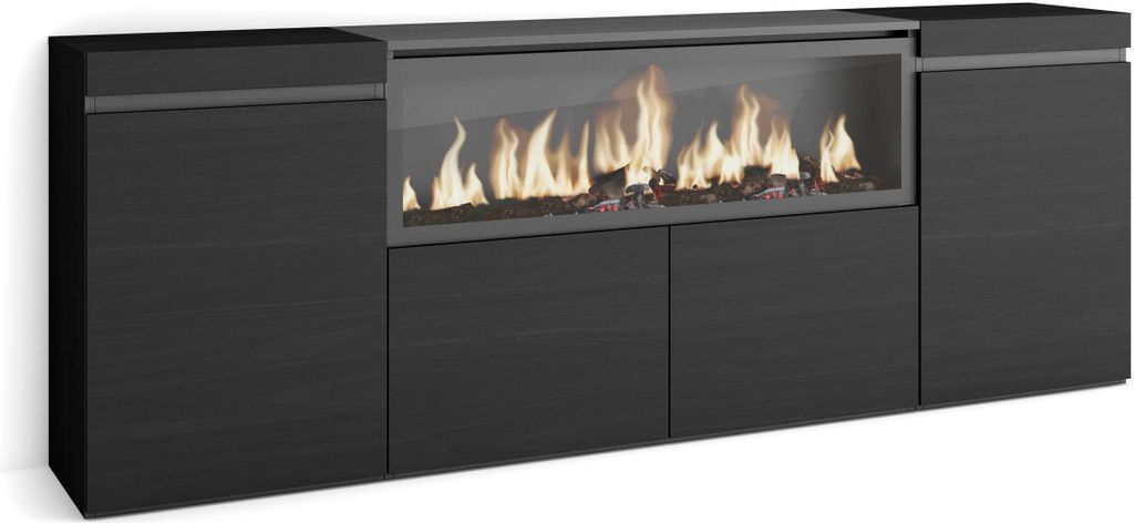 A modern black sideboard with a built-in electric fireplace.