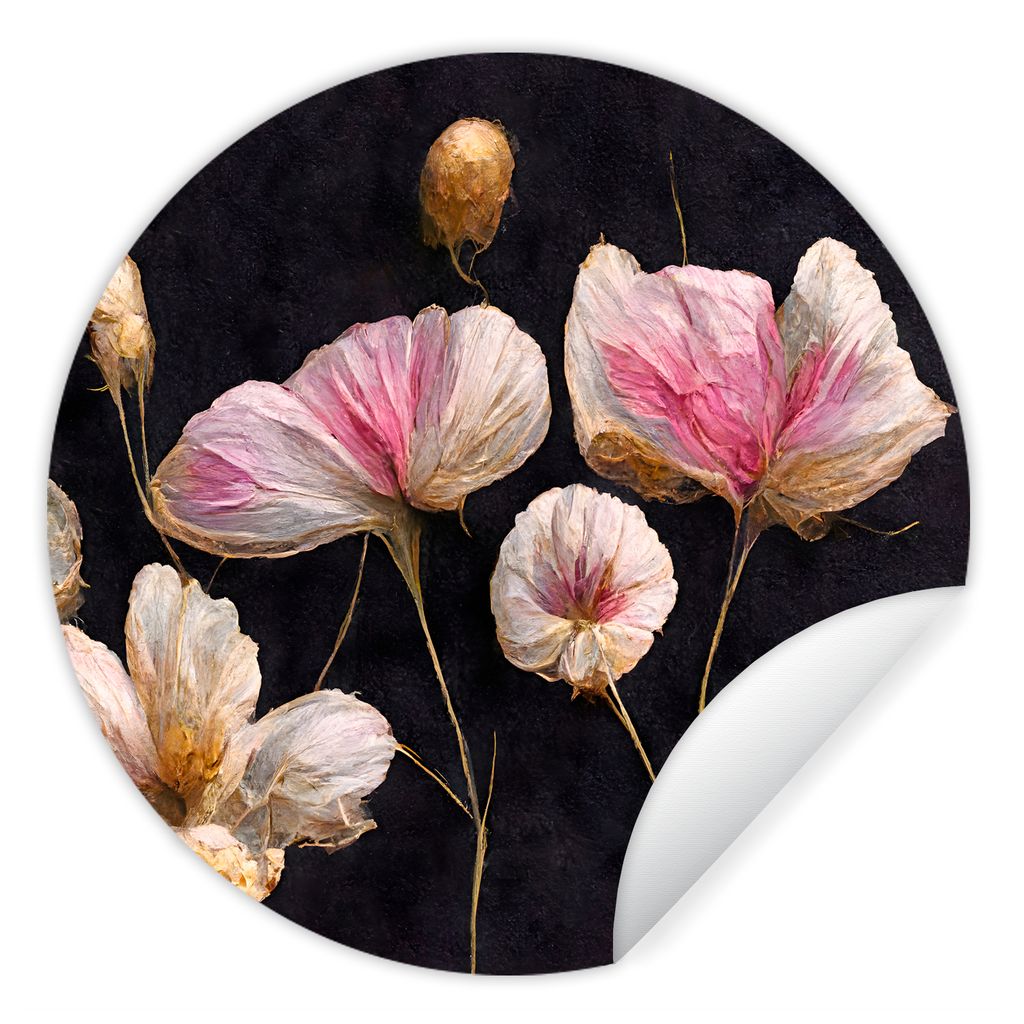 MuchoWow Runde Wandtattoo - Wandsticker Tapete Aufkleber Blumen - Pflanzen - Rosa - Schwarz Ø 80 cm Selbstklebend und Repositionierbar - Wandauf...