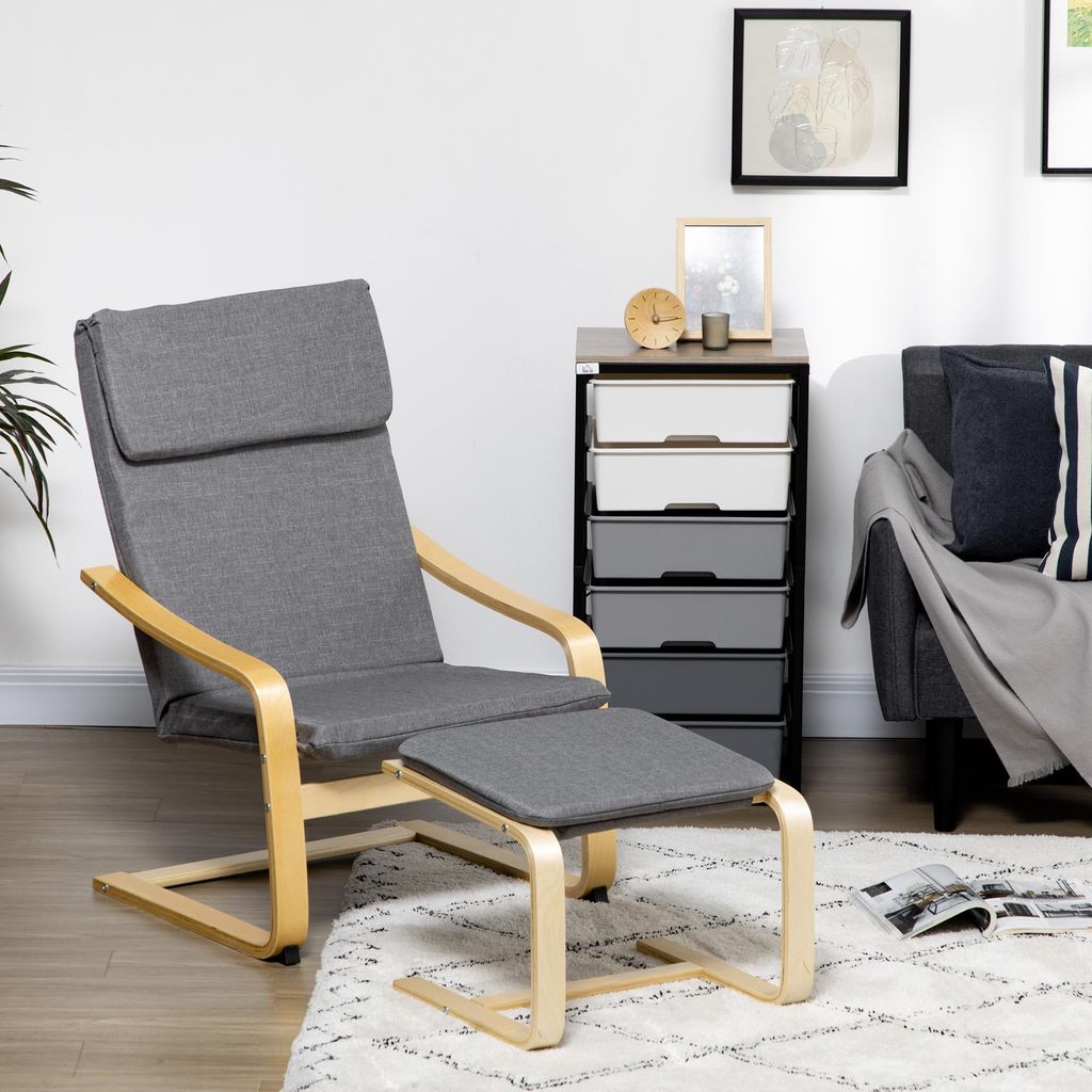 Sessel mit Fußhocker, Sessel-Set, Leinenoptik, Massivholz, Grau +, Polyester, Stahl, 66,5 x 80 x 99 cm, belastbar bis 120 kg
