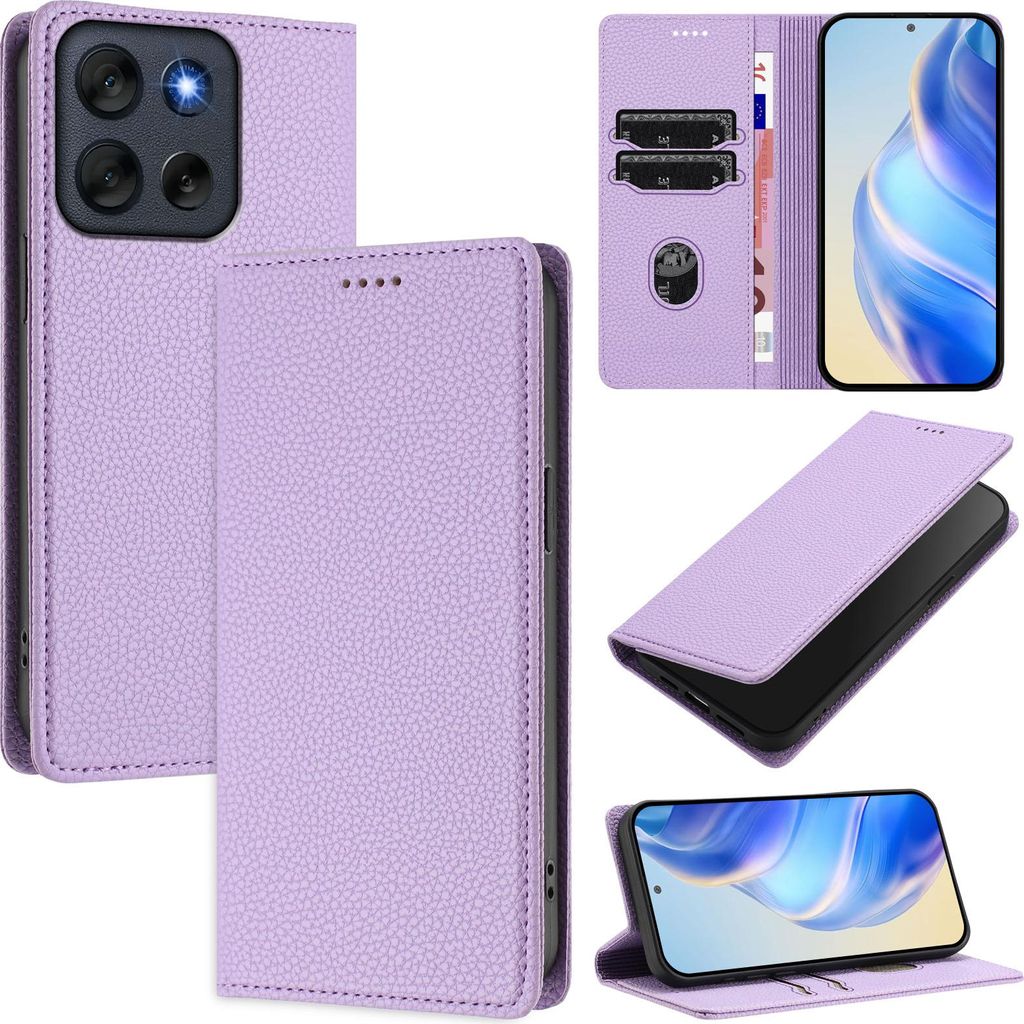 Litchi Leder Handyhülle für Motorola Moto G56 Wallet Kartenfächer Standfunktion Hülle Violett