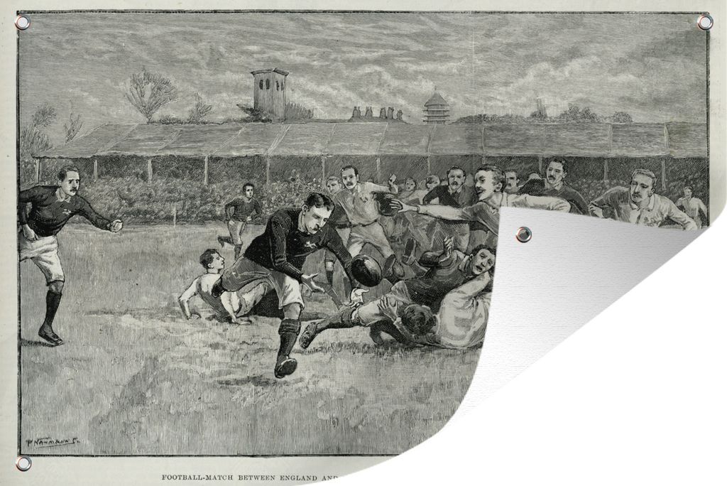 MuchoWow 90x60 cm Outdoor-Poster Gartendeko Sichtschutz Garten Poster für den Garten Eine Illustration eines historischen Rugbyspiels